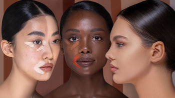 3 models showcasing the HY-GLAM Concealer and HY-GLAM Corrector in light, medium and deep undertones.