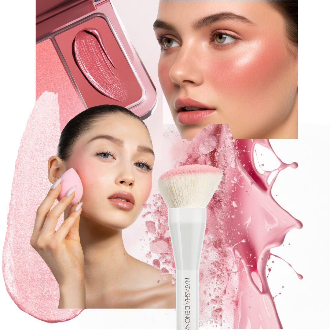 Collage of Natasha Denona HY-BLUSH and HY-GEN Face Brush with a focus on pink shades and swatches, featuring two models wearing the product.
