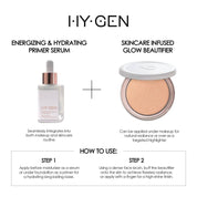 A "How To Use" guide for the Natasha Denona HY-GEN collection. Step 1 shows the HY-GEN Original Primer Serum used as a hydrating base before moisturizer or under foundation. Step 2 shows the HY-GEN Skincare Infused Glow Beautifier applied with a brush for all-over radiance or with a finger for a high-shine, targeted highlight.