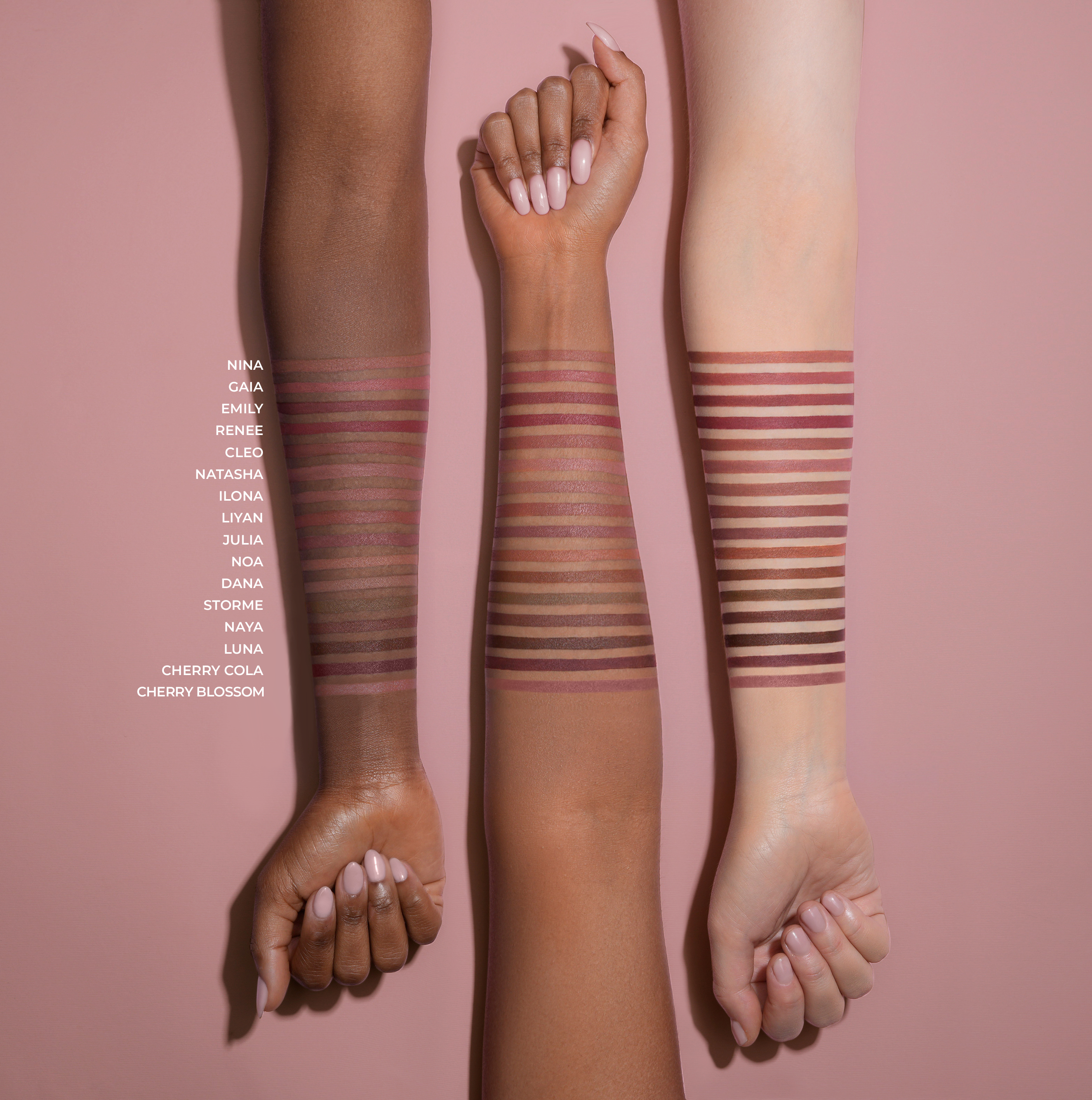 I Need a Nude arm swatches on different skin tones.