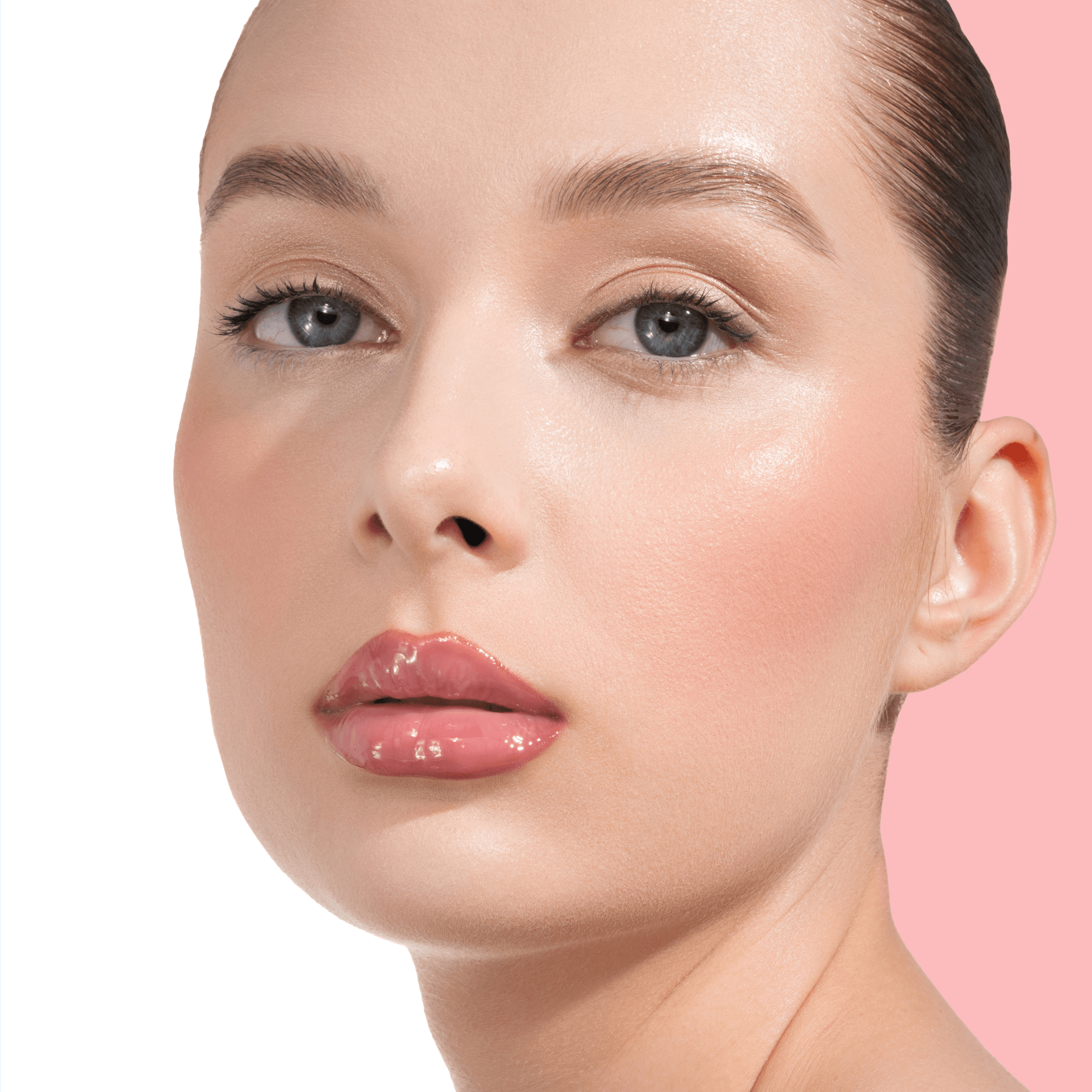 HY-GLOSS in shade 'Cherry Blossom' model look on a light-pink and white background.