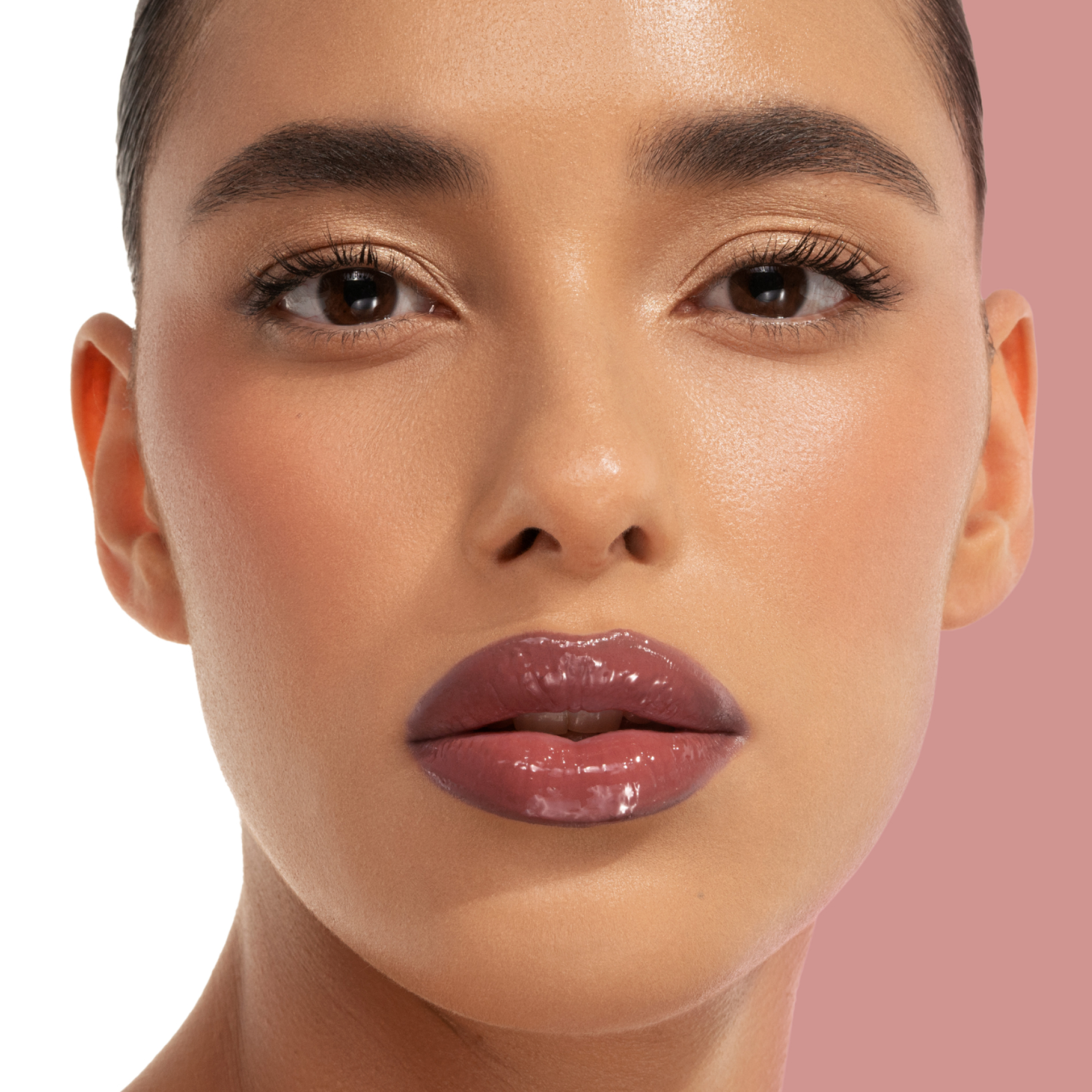 HY-GLOSS in shade 'Spicy Caramel' model look on a light-pink and white background.