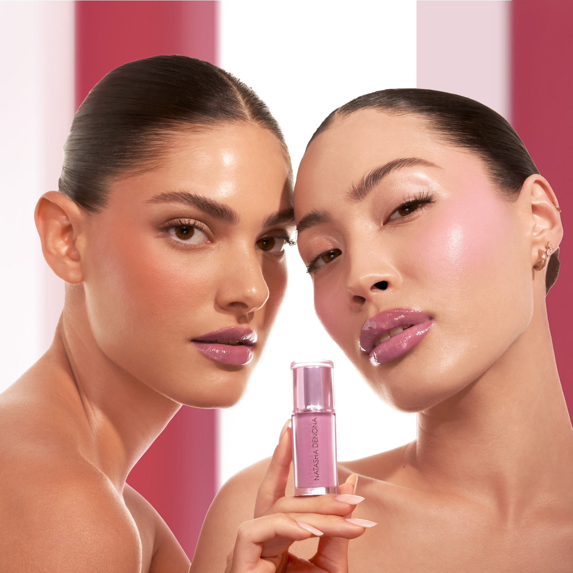 HY-GLOSS in shade 'Lush Lila' on two models with different skin tones. One of the models is holding the product in her hand.