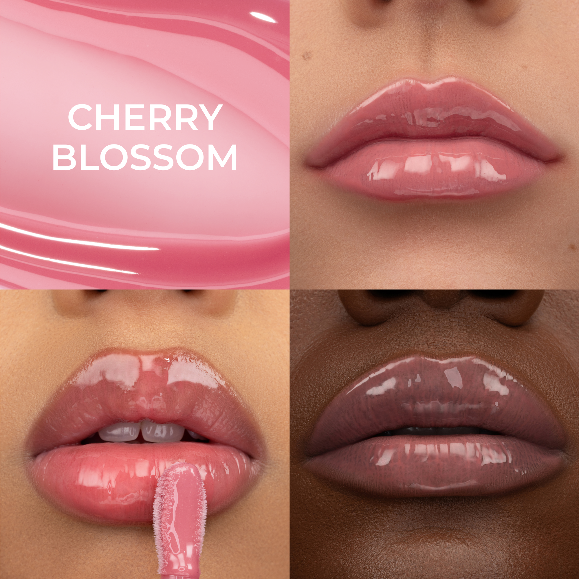 A collage for HY-GLOSS in the shade 'Cherry Blossom', featuring three lip close-ups across a diverse range of skin tones.