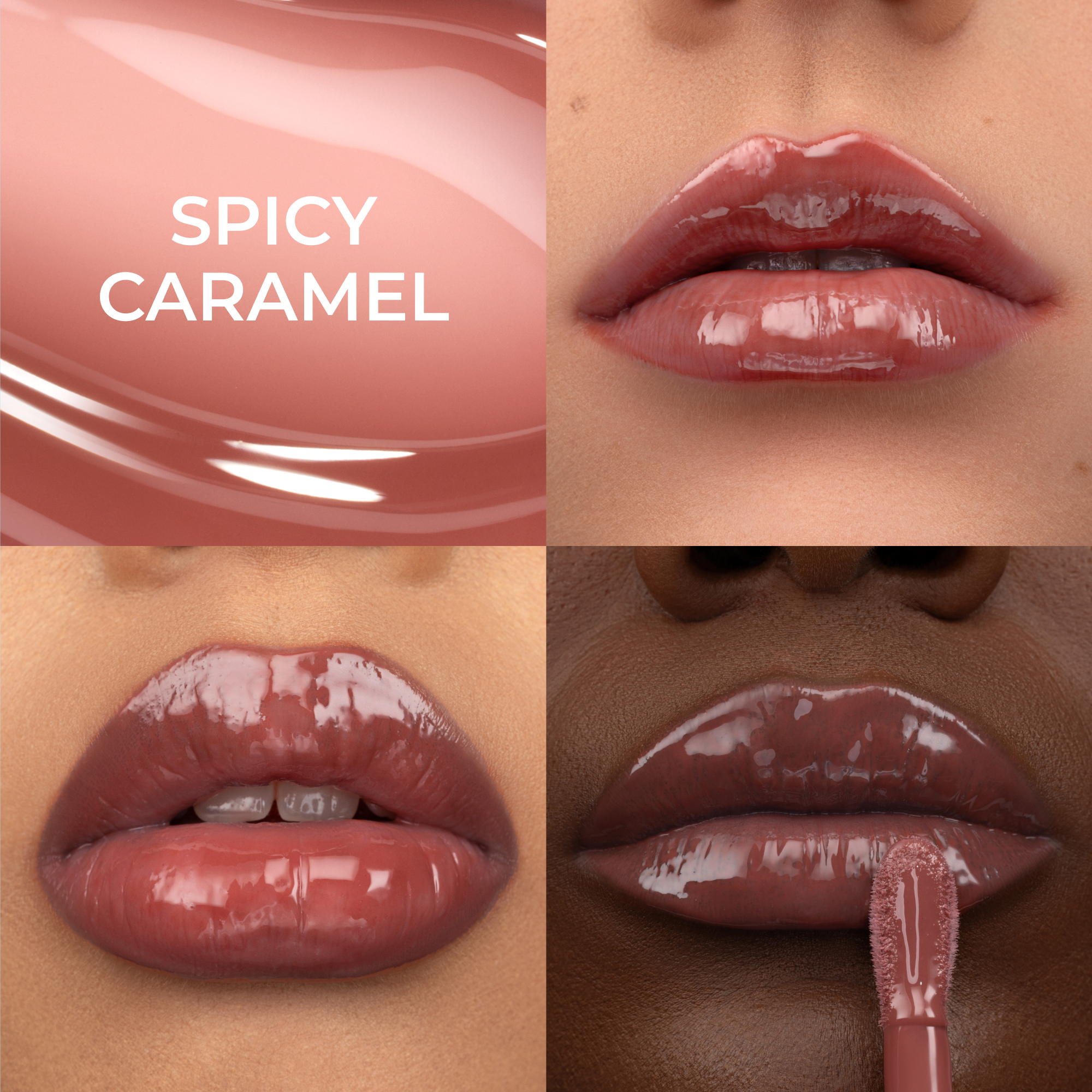A collage for HY-GLOSS in the shade 'Spicy Caramel', featuring three lip close-ups across a diverse range of skin tones.