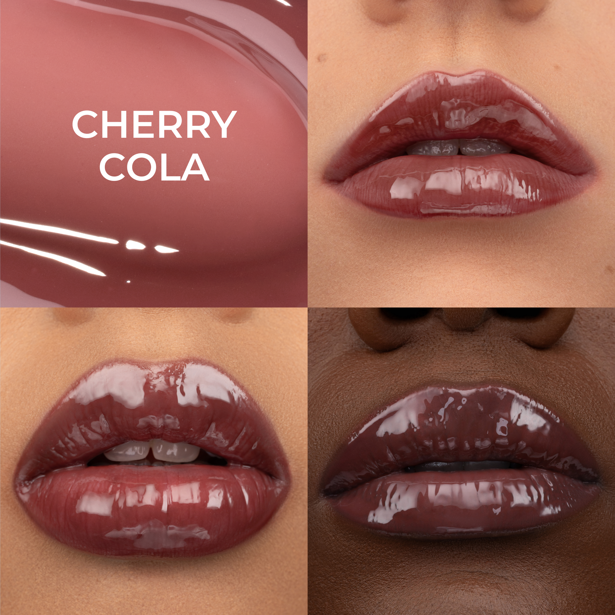 A collage for HY-GLOSS in the shade 'Cherry Cola', featuring three lip close-ups across a diverse range of skin tones.