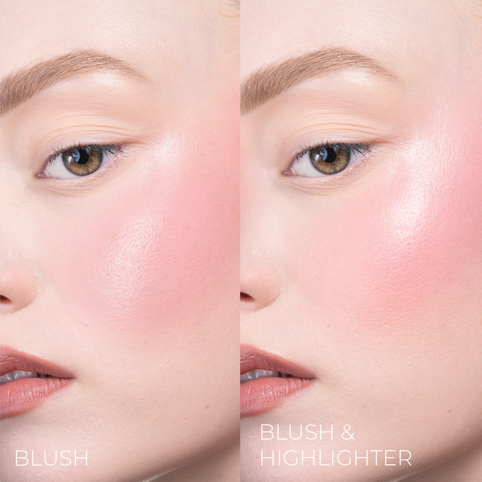 Split screen demonstration of the HY-BLUSH on a model's face, with blush only and with blush and highlighter.