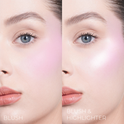 Split screen demonstration of the HY-BLUSH on a model's face, with blush only and with blush and highlighter.