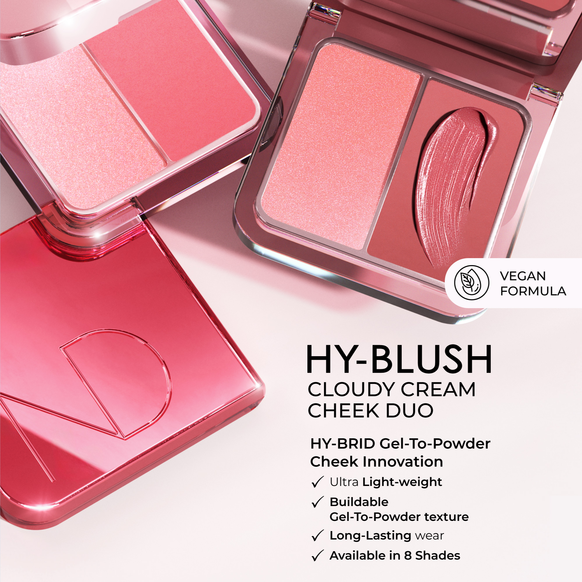 HY-BLUSH palettes with text about features and benefits on a white background.