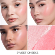 A collage for HY-BLUSH in the shade 'Sweet Cheeks', featuring three models with different skin tones.