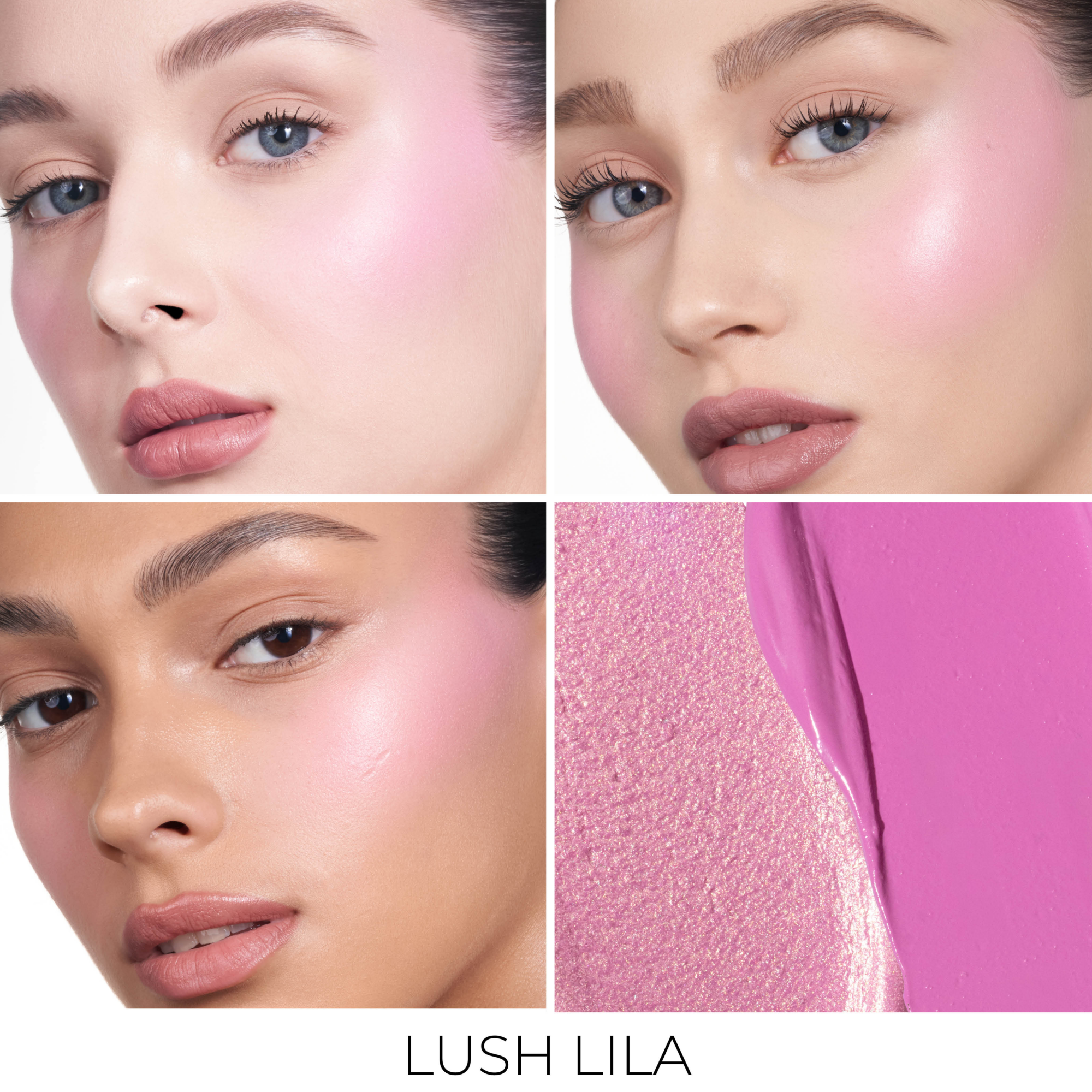 A collage for HY-BLUSH in the shade 'Lush Lila', featuring three models with different skin tones.