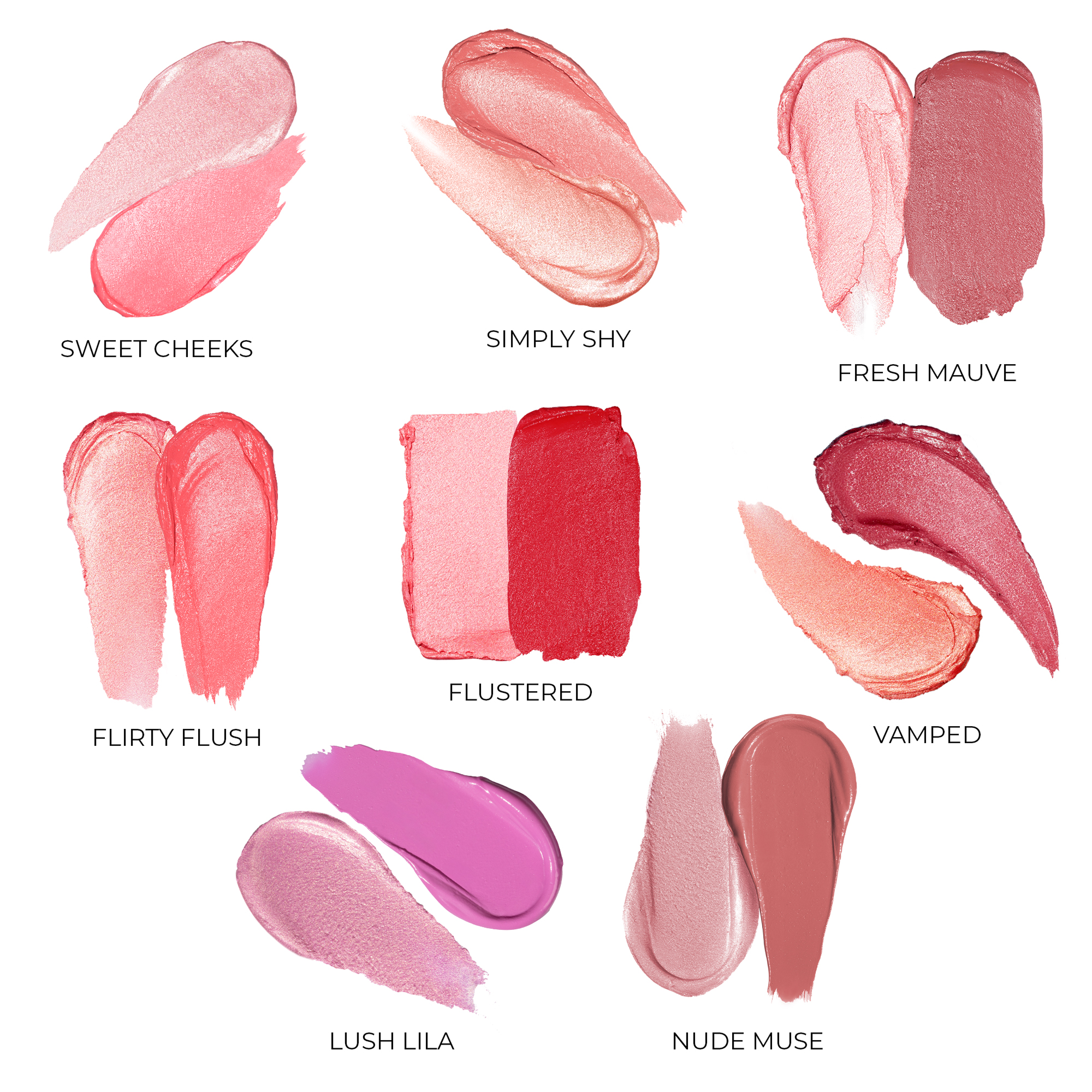HY-BLUSH Blush and Highlighter swatches with shade titles on a white background. HY-BLUSH Blush and Highlighter swatches with shade titles on a white background.