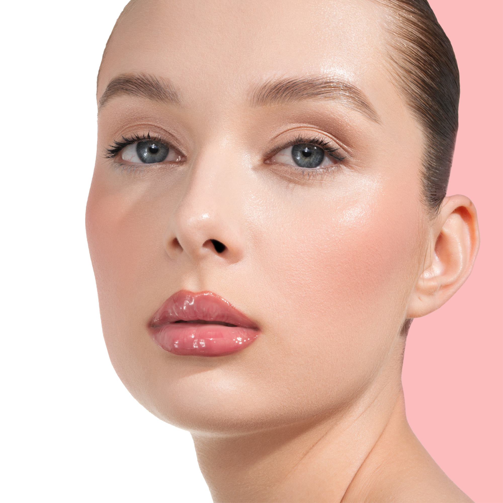 HY-GLOSS in shade 'Cherry Blossom' model look on a light-pink and white background.