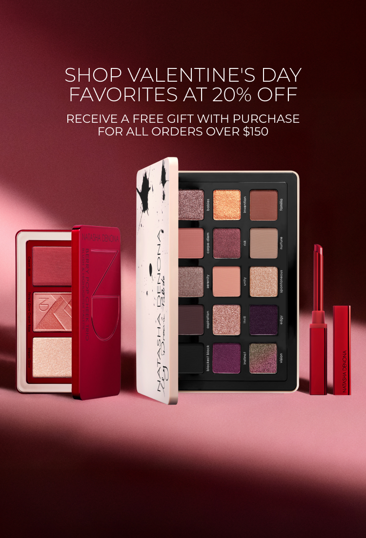 Valentine's Day Sale banner, presenting Berry Pop Cheek Trio, My Dream Eyeshadow Palette and I Need a Rouge Lip Styletto.